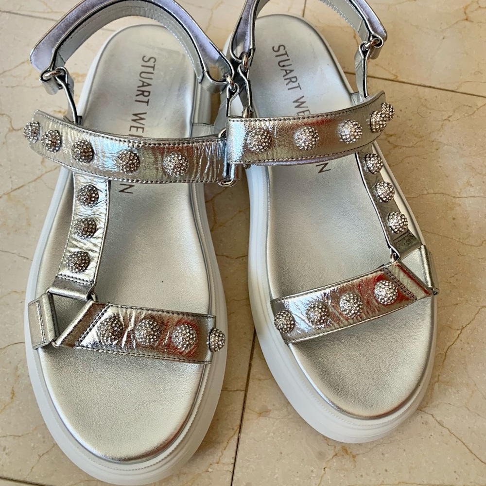Stuart Weitzman Crystal Ball Embellished Sandals in Silver Size 9